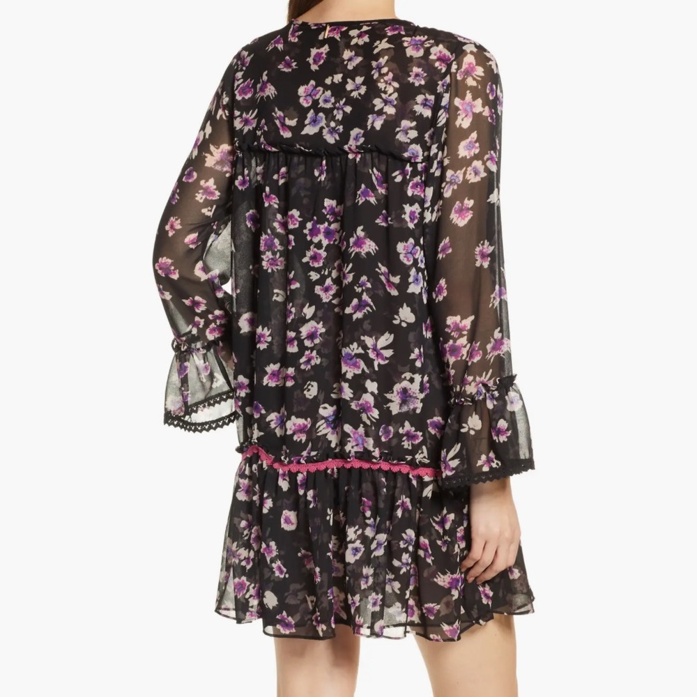 Misa Gallo Floral Black Boho Drop Waist Sheer Long Sleeve Mini Dress - Picture 2 of 10